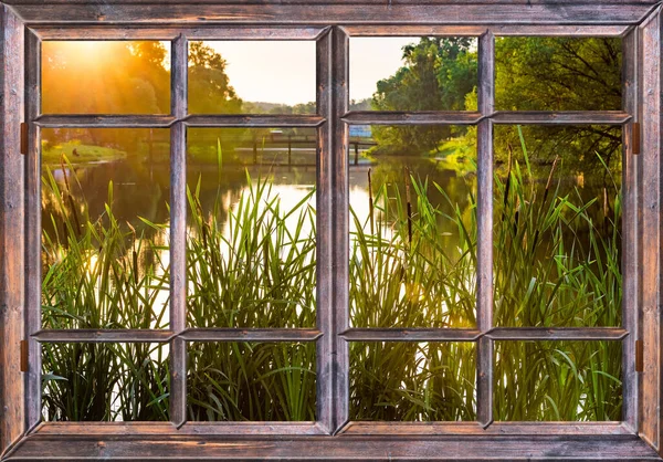 Vista Desde Ventana Amanecer Sobre Estanque Los Árboles — Foto de Stock