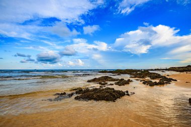 Kumlu plajlı ve büyük taşlı güzel deniz manzarası