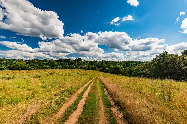 Ländliche Landschaft Feldweg Feld Blauer Himmel Mit Weißen Wolken — Stockfoto