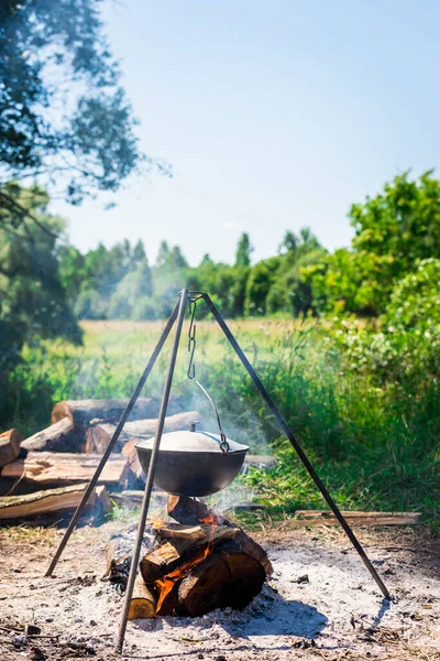 Camping Cooking Pot Hanging Campfire Tripod Tourist Camp — Stock Photo, Image