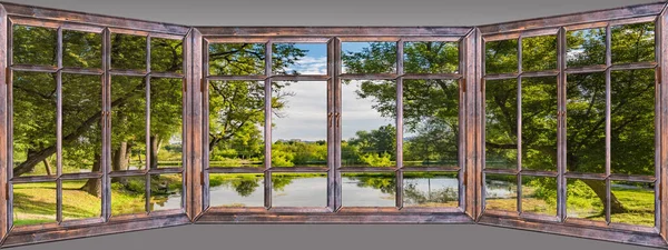 Vista Desde Ventana Amanecer Sobre Estanque Los Árboles —  Fotos de Stock