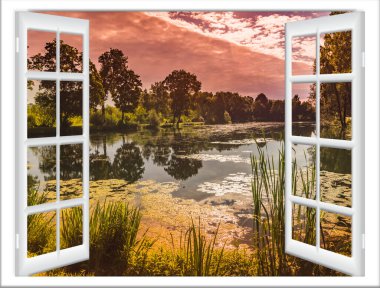 Yazın pencereden su ve ağaç manzarası.