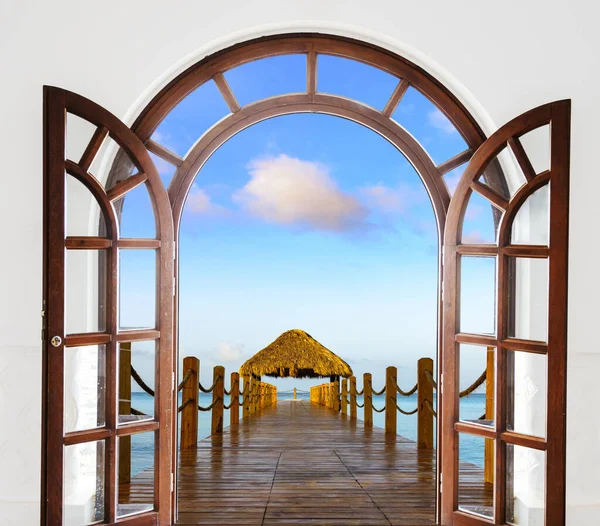 Wooden Open Door Arch View Beach Caribbean Sea Dominican Republic — Stock Photo, Image