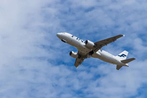 BERLIN, GERMANY-JULY 7, 2018: Finnair,  Airbus A320-214 takes off from Tegel airport in Berlin. Narrow-body jet airliner.