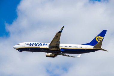 BERLIN, GERMANY - JULY 7, 2018: Ryanair, Boeing 737-8AS takes off from Tegel airport in Berlin. Narrow-body jet airliner. clipart
