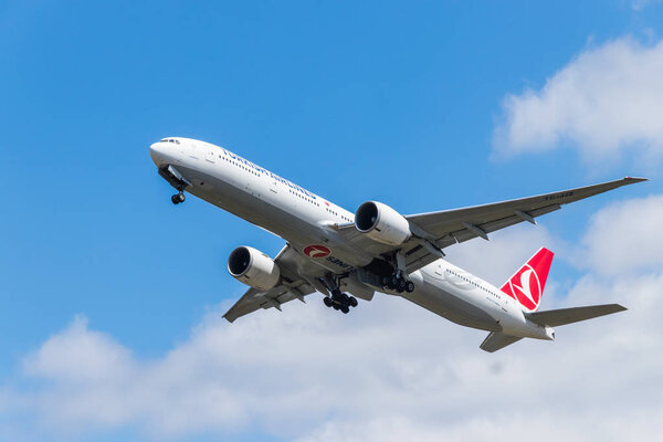 BERLIN, GERMANY - JULY 7, 2018: Turkish Airlines Airbus Airbus A330-343 takeoff from Tegel airport in Berlin. Wide-body jet airliner.