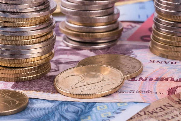 Macar para birimi-Forint, yakın çekim. Farklı mezhepleri arka planda banknotlar.