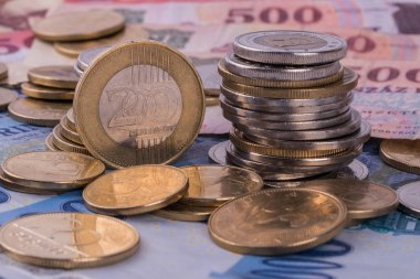 Macar para birimi-Forint, yakın çekim. Farklı mezhepleri arka planda banknotlar.