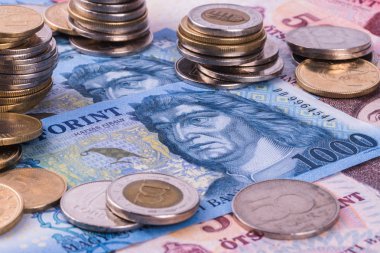 Macar para birimi-Forint, yakın çekim. Farklı mezhepleri arka planda banknotlar.