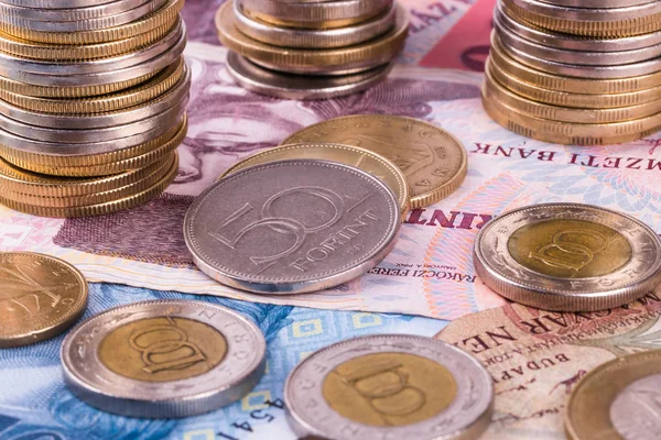 Macar para birimi-Forint, yakın çekim. Farklı mezhepleri arka planda banknotlar.