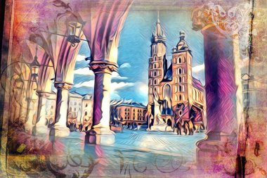 Eski Şehir Cracow sanat illüstrasyon retro vintage