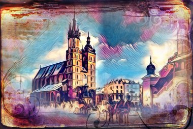 Eski Şehir Cracow sanat illüstrasyon retro vintage