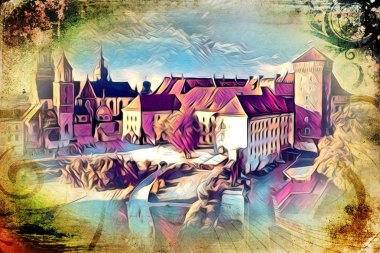 Eski Şehir Cracow sanat illüstrasyon retro vintage