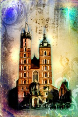 Eski Şehir Cracow sanat illüstrasyon retro vintage