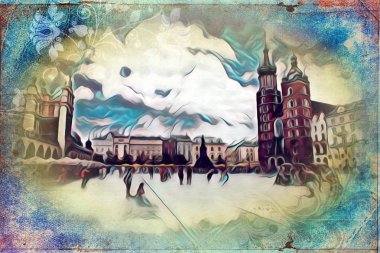 Eski şehir Krakow sanat illüstrasyonları antika