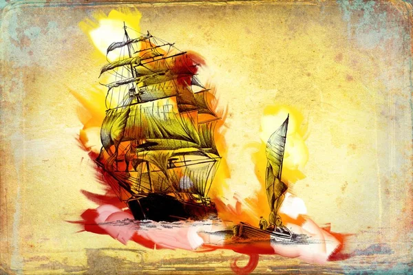 Antiguo Barco Pintado Ilustración Arte Óleo —  Fotos de Stock