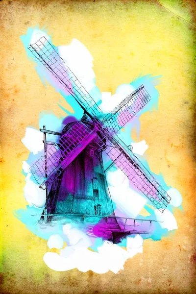 Moulin Vent Vieux Dessin Vintage Rétro — Photo