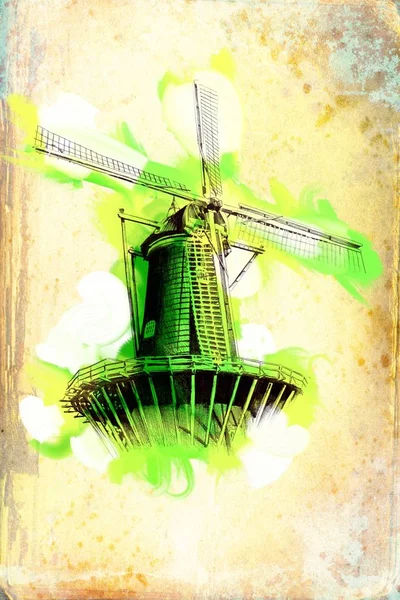 Windmolen Oude Retro Vintage Tekening — Stockfoto