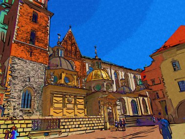 Eski şehir Krakow sanat illüstrasyonları antika