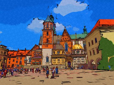 Eski şehir Krakow sanat illüstrasyonları antika