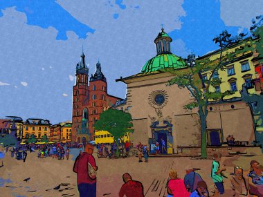 Eski şehir Krakow sanat illüstrasyonları antika