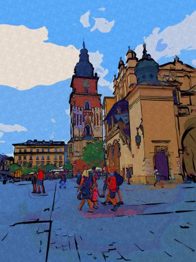 Eski şehir Krakow sanat illüstrasyonları antika