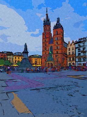Eski şehir Krakow sanat illüstrasyonları antika