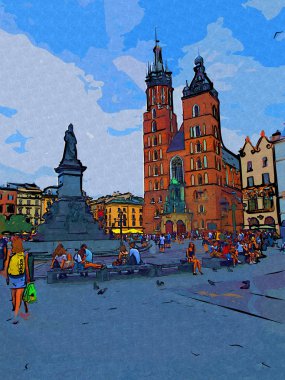 Eski şehir Krakow sanat illüstrasyonları antika