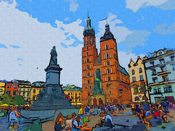 Stare Miasto Krakow Sztuka Ilustracja Retro Vintage — Zdjęcie stockowe