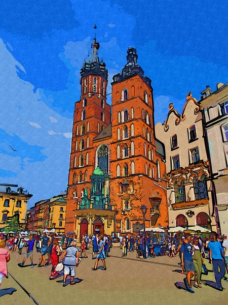 Cidade Velha Krakow Arte Ilustração Retro Vintage — Fotografia de Stock