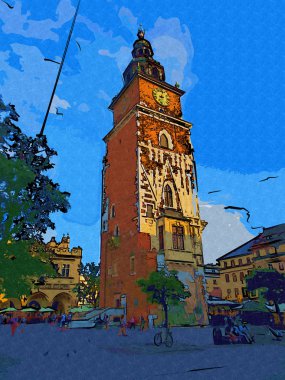 Eski şehir Krakow sanat illüstrasyonları antika