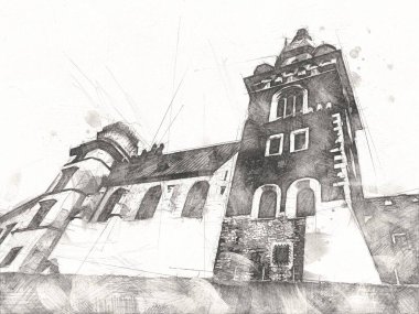 Eski şehir Krakow sanat illüstrasyonları antika