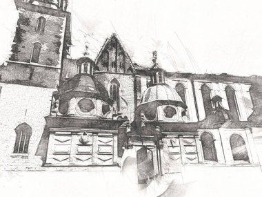 Eski şehir Krakow sanat illüstrasyonları antika