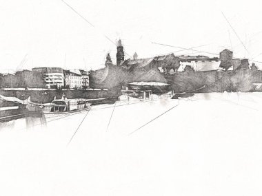 Eski şehir Krakow sanat illüstrasyonları antika