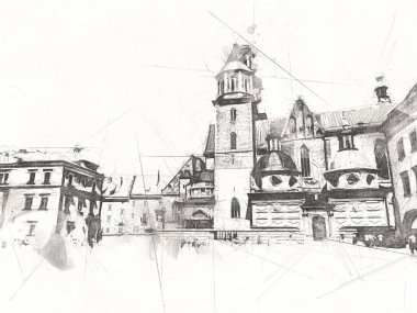 Eski şehir Krakow sanat illüstrasyonları antika