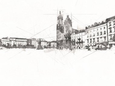 Eski şehir Krakow sanat illüstrasyonları antika