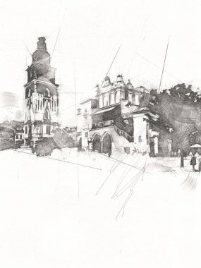 Eski şehir Krakow sanat illüstrasyonları antika