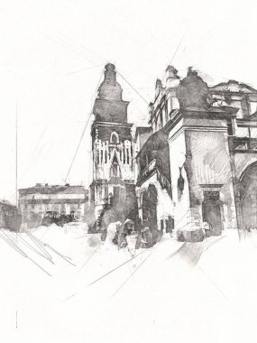 Eski şehir Krakow sanat illüstrasyonları antika