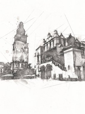 Eski şehir Krakow sanat illüstrasyonları antika