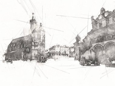 Eski şehir Krakow sanat illüstrasyonları antika
