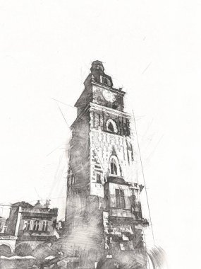 Eski şehir Krakow sanat illüstrasyonları antika