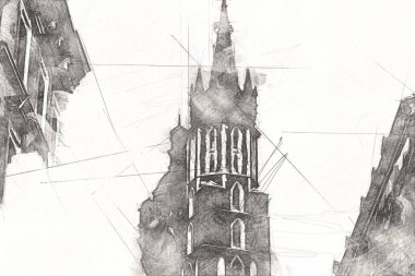 Eski şehir Krakow sanat illüstrasyonları antika