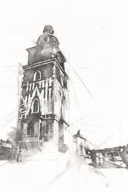 Eski şehir Krakow sanat illüstrasyonları antika