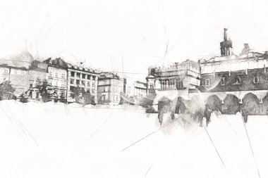 Eski şehir Krakow sanat illüstrasyonları antika
