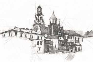 Eski şehir Krakow sanat illüstrasyonları antika