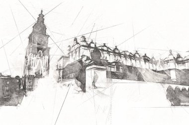 Eski şehir Krakow sanat illüstrasyonları antika