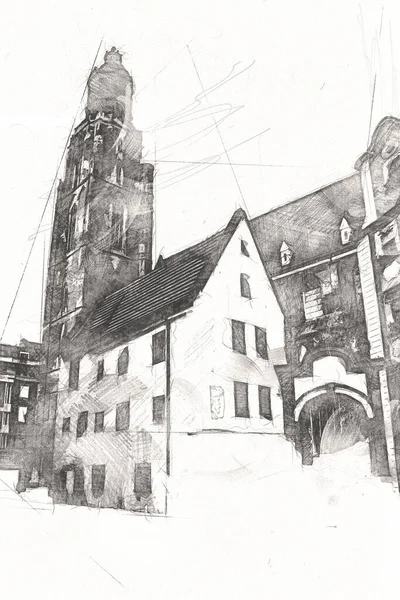 Wroclaw Stad Polen Retro Vintage Kunst Tekening Schets Illustratie — Stockfoto