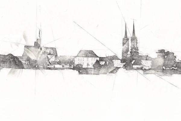 Wroclaw City Poland Retro Vintage Art Draw Sketch — 스톡 사진