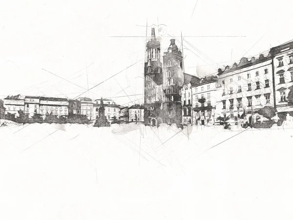 Vieja Ciudad Krakow Arte Ilustración Retro Vintage — Foto de Stock