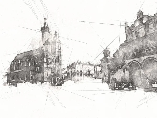 旧市街クラクフのアートイラストレトロヴィンテージ — ストック写真
